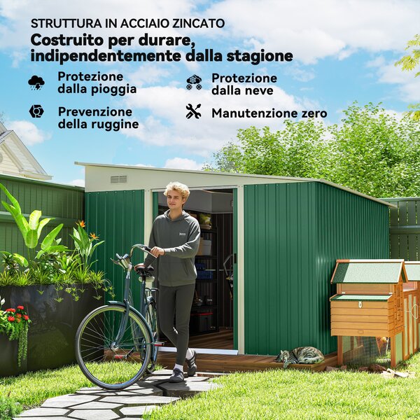 Outsunny Casetta da Giardino con Porta Scorrevole e Tetto inclinato, Capanno Attrezzi in Acciaio, 345x280.5x169-201cm, Verde | Aosom Italy