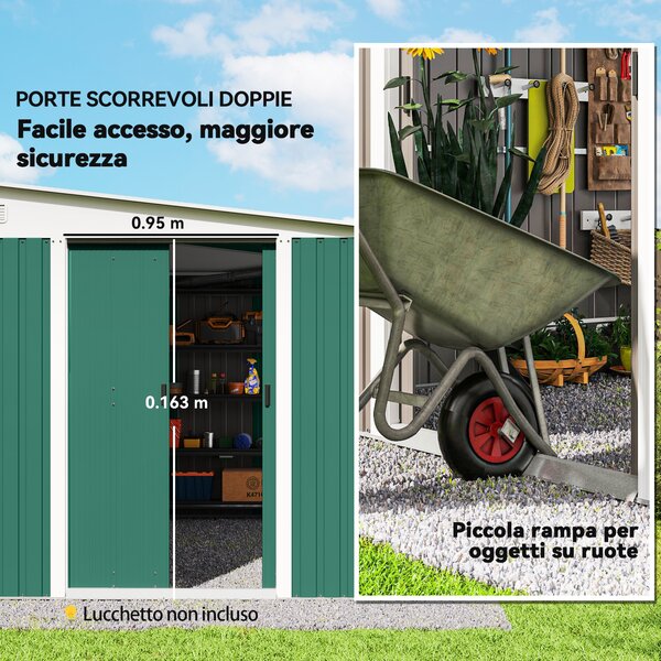 Outsunny Casetta da Giardino con Porta Scorrevole e Tetto inclinato, Capanno Attrezzi in Acciaio, 345x280.5x169-201cm, Verde | Aosom Italy