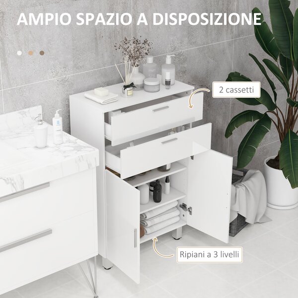 Kleankin Mobile Bagno con 2 Cassetti e Armadietto con Ripiano Regolabile, in Legno, 60x30x93 cm, Bianco | Aosom Italy