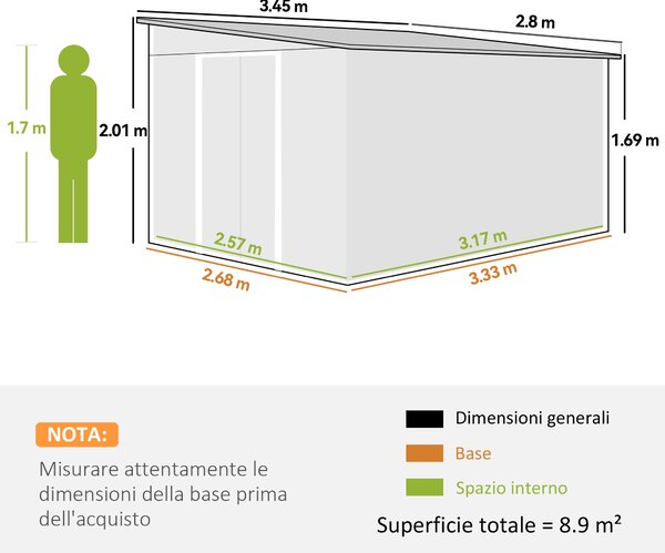 Outsunny Casetta da Giardino con Porta Scorrevole e Tetto inclinato, Capanno Attrezzi in Acciaio, 345x280.5x169-201cm, Verde | Aosom Italy