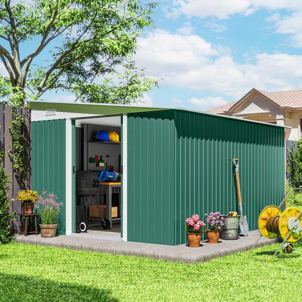 Outsunny Casetta da Giardino con Porta Scorrevole e Tetto inclinato, Capanno Attrezzi in Acciaio, 345x280.5x169-201cm, Verde | Aosom Italy