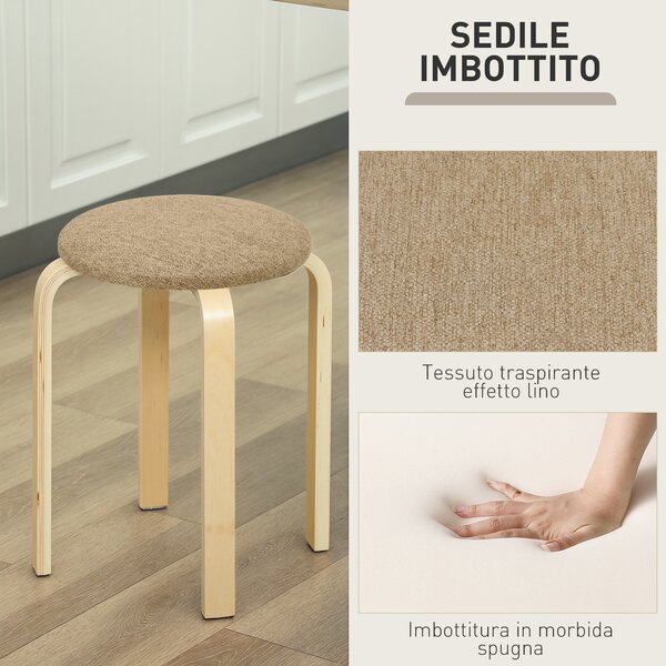 HOMCOM Set 4 Sgabelli Impilabili e Imbottiti con Rivestimento in Tessuto e Gambe in Legno, Cachi | Aosom Italy