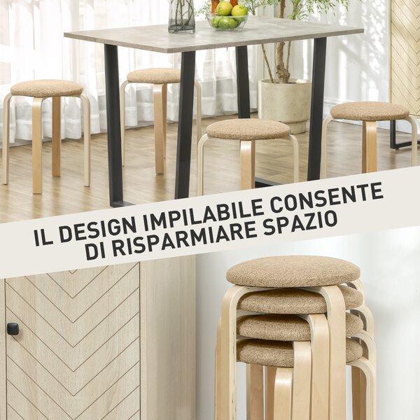 HOMCOM Set 4 Sgabelli Impilabili e Imbottiti con Rivestimento in Tessuto e Gambe in Legno, Cachi | Aosom Italy