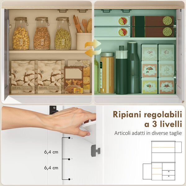 HOMCOM Credenza da Cucina con 3 Armadietti e 2 Cassetti, Mobile con Ripiani Regolabili e Portaspezie, 100x40x62 cm, Bianco | Aosom Italy