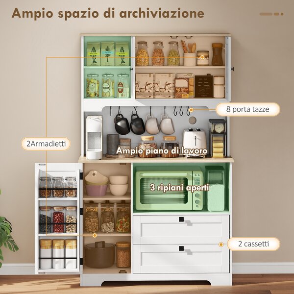 HOMCOM Credenza da Cucina con 3 Armadietti e 2 Cassetti, Mobile con Ripiani Regolabili e Portaspezie, 100x40x62 cm, Bianco | Aosom Italy