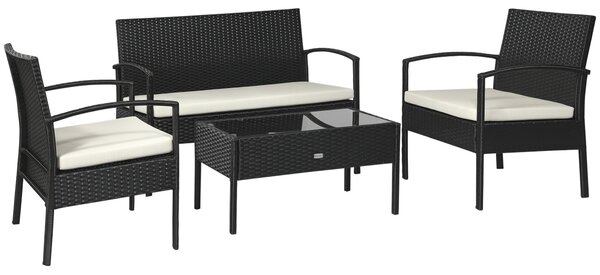 Outsunny Set Mobili da Giardino in Rattan Sintetico Composto da 1 tavolino 2 poltrone e 1 divano a 2 posti Nero e Crema|Aosom