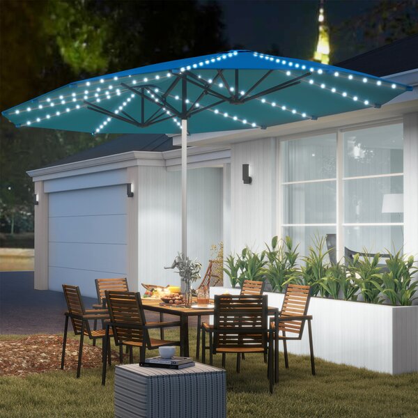 Outsunny Doppio ombrellone con luci solari, alluminio, poliestere, protezione UPF50+, resistente ai raggi UV, Blu | Aosom Italy