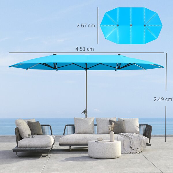 Outsunny Doppio ombrellone con luci solari, alluminio, poliestere, protezione UPF50+, resistente ai raggi UV, Blu | Aosom Italy