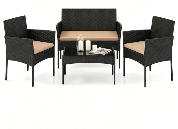 Set da giardino KOMFOTTEU, composto da 4 pezzi: un tavolino in vetro, 2 sedie e una panca. Set di sedute da esterno in rattan con struttura in metallo, dotato di cuscini imbottiti. Ideale per terrazzi, balconi, giardini e piscine