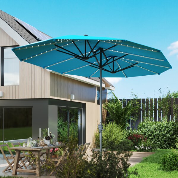 Outsunny Doppio ombrellone con luci solari, alluminio, poliestere, protezione UPF50+, resistente ai raggi UV, Blu | Aosom Italy