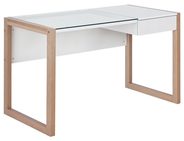 HOMCOM Scrivania Bianca con Cassetto Design in Legno e Vetro, Scrivani in Vetro Temperato, Bianca e Color Legno, per Ufficio e Casa|Aosom