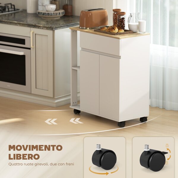 HOMCOM Carrello Cucina con Cassetto, Armadietto e 2 Ripiani Laterali, in Legno, 78x39.5x88.5 cm, Bianco e Rovere | Aosom Italy