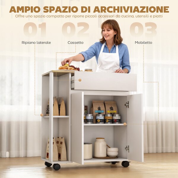 HOMCOM Carrello Cucina con Cassetto, Armadietto e 2 Ripiani Laterali, in Legno, 78x39.5x88.5 cm, Bianco e Rovere | Aosom Italy