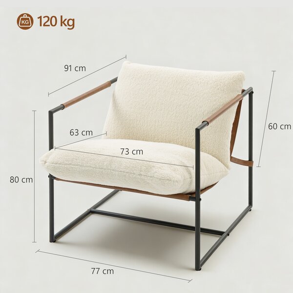 HOMCOM Poltrona salotto, imbottita in tessuto bouclé, ampia seduta e struttura in acciaio, 77x91x80cm, Crema | Aosom Italy