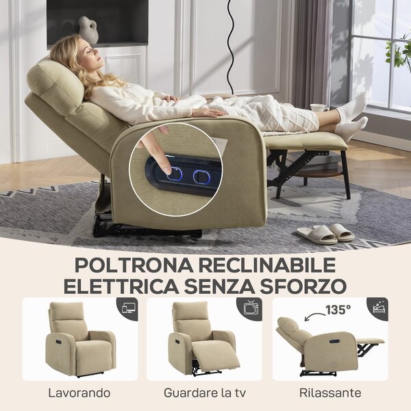HOMCOM Poltrona Reclinabile Elettrica in Ciniglia con Poggiapiedi, Poggiatesta Regolabile e Prese, 80x93x103 cm, Beige | Aosom Italy