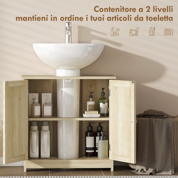 Kleankin Mobile Sottolavabo a 2 Ante con Ripiano Regolabile e Intaglio a U, 60x30x60 cm, Rovere | Aosom Italy