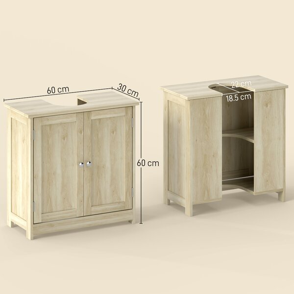 Kleankin Mobile Sottolavabo a 2 Ante con Ripiano Regolabile e Intaglio a U, 60x30x60 cm, Rovere | Aosom Italy