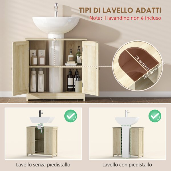 Kleankin Mobile Sottolavabo a 2 Ante con Ripiano Regolabile e Intaglio a U, 60x30x60 cm, Rovere | Aosom Italy