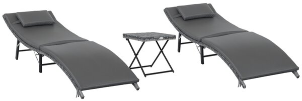 Outsunny Set 2 Lettini da Giardino in Rattan con Cuscini Rimovibili Lavabili e Tavolino Pieghevole, Sdrai da Giaridno, Grigio|Aosom