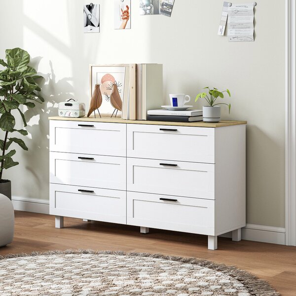 HOMCOM Cassettiera con 6 cassetti, con piedini in pino, stile moderno, 120 x 38 x 71 cm, legno naturale e bianco | Aosom Italy