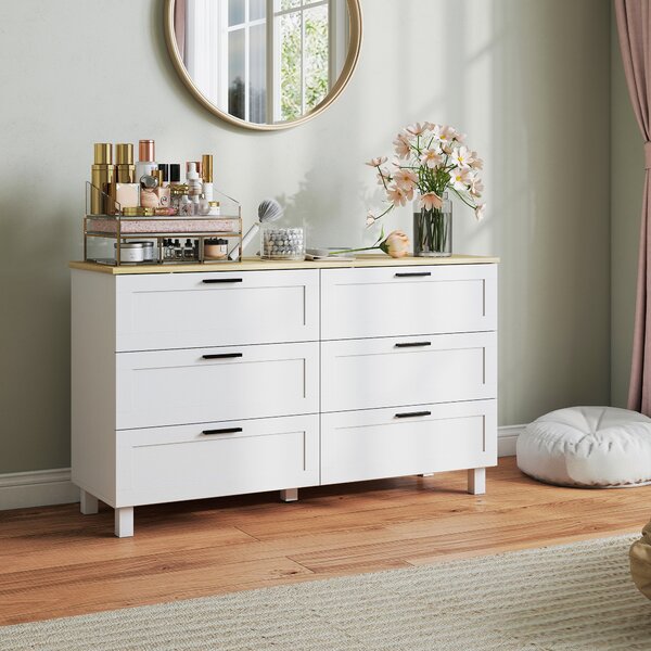 HOMCOM Cassettiera con 6 cassetti, con piedini in pino, stile moderno, 120 x 38 x 71 cm, legno naturale e bianco | Aosom Italy