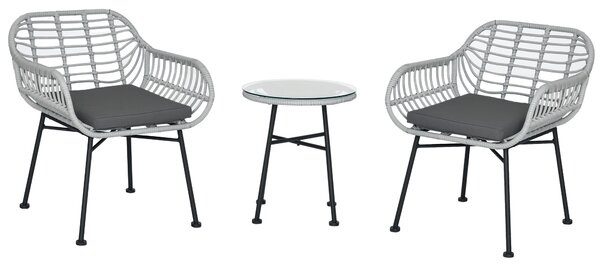 Outsunny Salotto da Esterno 3 Pezzi in Rattan PE, Set con 2 Sedie e Tavolino Vetro, Ideale per Terrazza e Bistrò - Grigio|Aosom