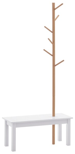 HOMCOM Appendiabiti Attaccapanni Con 6 ganci e Panca alla base，per Ingresso Camera da Letto, Bambù, Bianco Legno, 80x30x180cm|Aosom Italy