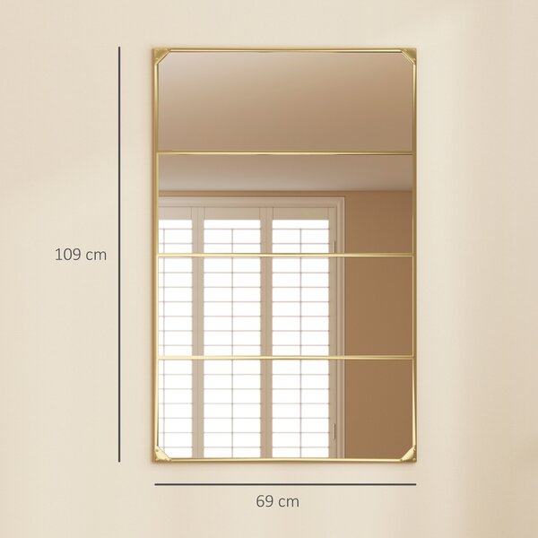 HOMCOM Specchio da parete stile vetrata rettangolare industriale, orizzontale o verticale con 4 ganci, in metallo dorato 109 x 69 cm | Aosom Italy