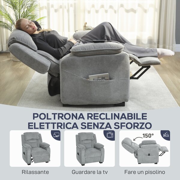 HOMCOM Poltrona Reclinabile 150° con Poggiapiedi, Telecomando e Tasca Laterale, imbottita e Velluto Effetto , 86x90x103 cm, Grigio | Aosom Italy