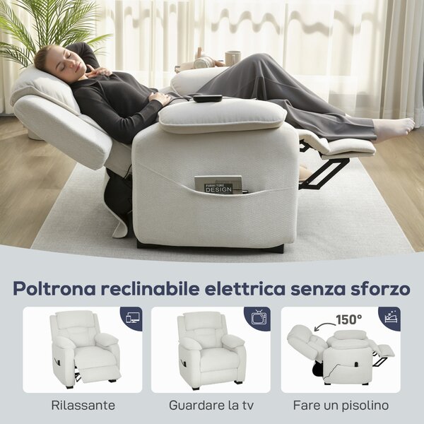 HOMCOM Poltrona Reclinabile 150° con Poggiapiedi, Telecomando e Tasca Laterale, Sedia Elettrica in Effetto Velluto, 86x90x103 cm, Beige | Aosom Italy