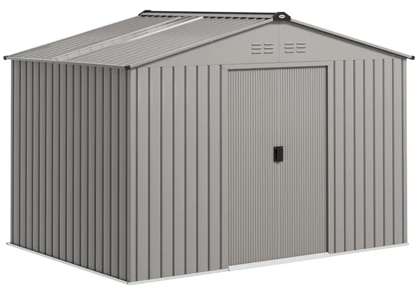 Outsunny Casetta da Giardino con Prese d'Aria e Tetto Inclinato, Doppia Porta Scorrevole Bloccabile, Grigio Argento | Aosom Italy