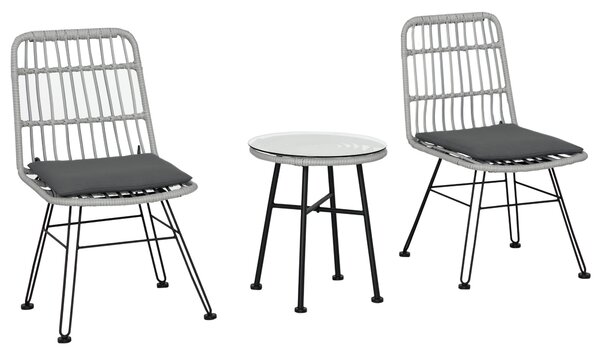 Outsunny Set Tavolino e Sedie da Giardino 3 Pezzi in Rattan PE e Acciaio, Design Moderno per Esterni e Bistrò - Grigio|Aosom