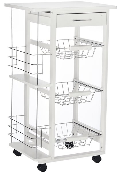 HOMCOM Carrello da Cucina con Cassetto, 3 Cesti Estraibili e 4 Ruote in Legno di Pino e Metallo, Bianco|Aosom