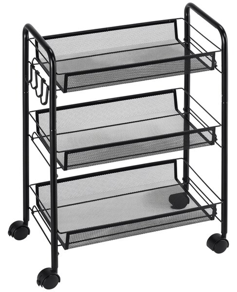 HOMCOM Carrello da Cucina in Acciaio con 3 Cesti Rimuovibili, 4 Ganci, 2 Maniglie, 4 Ruote, 41.5x26.5x63cm, Nero | Aosom