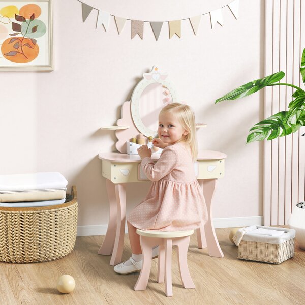 AIYAPLAY Set Toeletta con Specchio e Sgabello in Legno 2 in 1 per Bambini con 7 Accessori Inclusi, Rosa | Aosom Italy