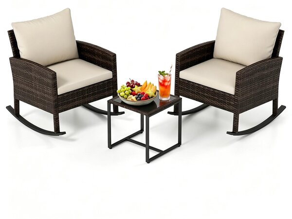 Set da giardino KOMFOTTEU, composto da 3 pezzi: 2 poltrone a dondolo in rattan con tavolino, set da salotto per esterni con struttura in metallo, cuscini imbottiti. Ideale per terrazzi, balconi, giardini e piscine