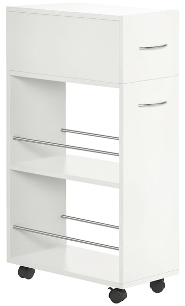 HOMCOM Carrello da Cucina in Truciolato e Acciaio Inox con 2 Ripiani Aperti, Cassetto Estraibile e Parapetti Anticaduta, 25x50x85 cm, Bianco|Aosom