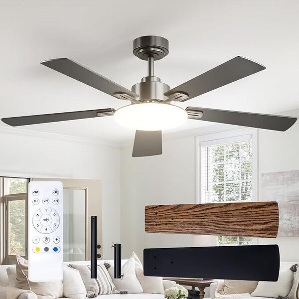 Ventilatore a soffitto da 132 cm con illuminazione e telecomando, motore DC silenzioso, 5 pale, 6 velocità, 3 temperature di colore, timer e funzione inverno/estate, ideale per la camera da letto (colore: nero)