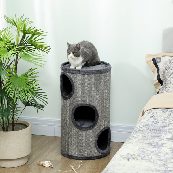 PawHut Cuccia per Gatti a 3 Livelli con Tiragraffi in Sisal e Peluche, Ø38x70cm, Grigio | Aosom Italy