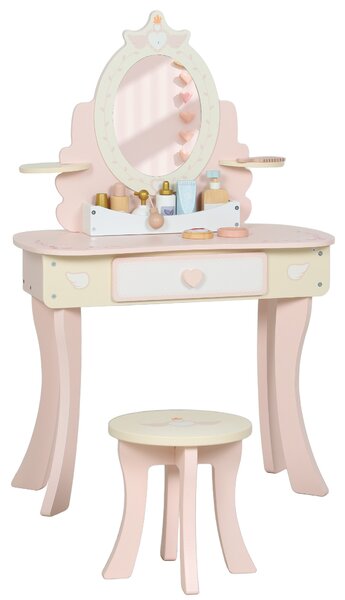 AIYAPLAY Set Toeletta con Specchio e Sgabello in Legno 2 in 1 per Bambini con 7 Accessori Inclusi, Rosa | Aosom Italy