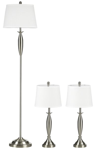 HOMCOM Set con Lampada da Terra e Lampada da Tavolo in Acciaio e Tessuto, Bianco e Argento|Aosom