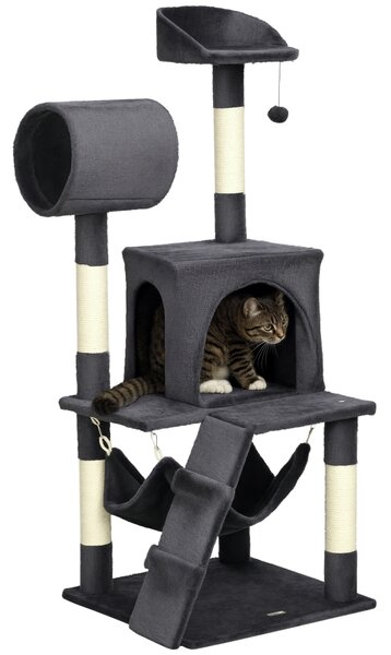 PawHut Albero per Gatti in Truciolato, Peluche e Sisal con Tiragraffi per Gatti, Casetta, Amaca, Letto, Tunnel e Pallina, 48x48 x125 cm, Grigio|Aosom