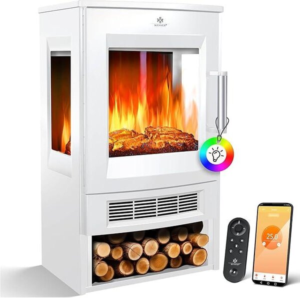 Camino elettrico con riscaldamento, finestra panoramica, ventola riscaldante, effetto fiamma LED con 9 modalità di colore, telecomando, app WiFi, potenza 900/1800W. Camino elettrico con termostato, funzione di riscaldamento e timer
