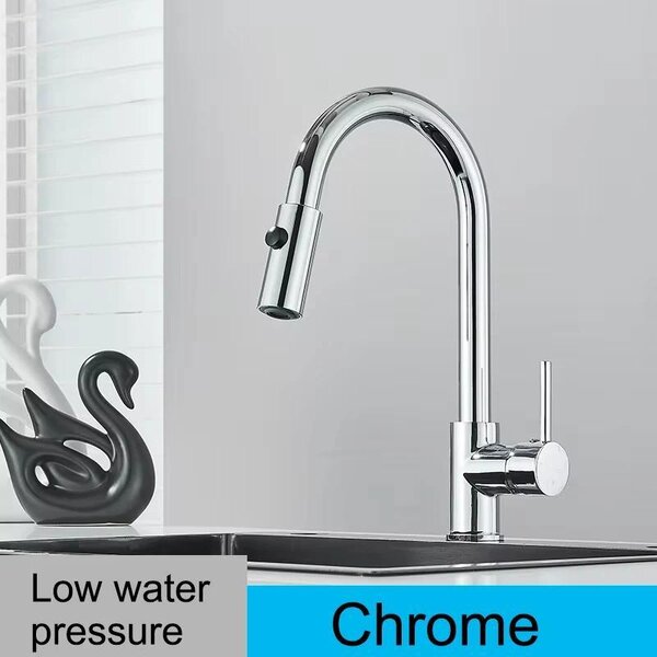 Miscelatore per lavello da cucina - Adatto per bassa pressione - Girevole a 360° - Doccetta estraibile a due getti - Miscelatore monocomando per acqua calda/fredda - Acciaio inossidabile - Cromato - Modello DY A