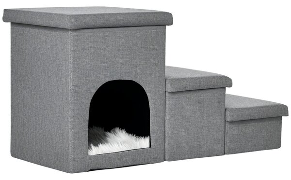 PawHut Scaletta per Cani e Gatti 10kg max a 3 Gradini con Casetta per Cani e Spazio Portaoggetti a Scomparsa, 73.5x33x40.5 cm, Grigio