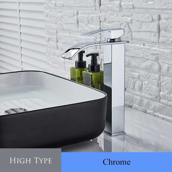 Miscelatore per lavabo da bagno - Miscelatore a cascata alto, per lavabi da appoggio - Monocomando - Montaggio a incasso, foro singolo - Bocchetta quadrata - Cromato