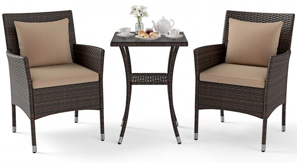 Set da balcone KOMFOTTEU, composto da 3 pezzi: set di mobili da giardino con 2 poltrone in rattan e tavolo a 2 piani in vetro temperato, set da bistrot con cuscini, set di mobili per terrazza, set di sedute per giardino, cortile e veranda
