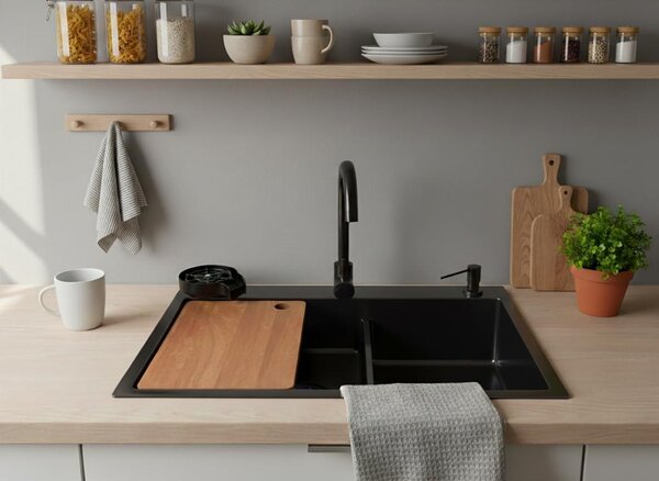Lavello in acciaio inossidabile Quantum 75x45 cm, rivoluzionario grazie alla nanotecnologia, colore: nero