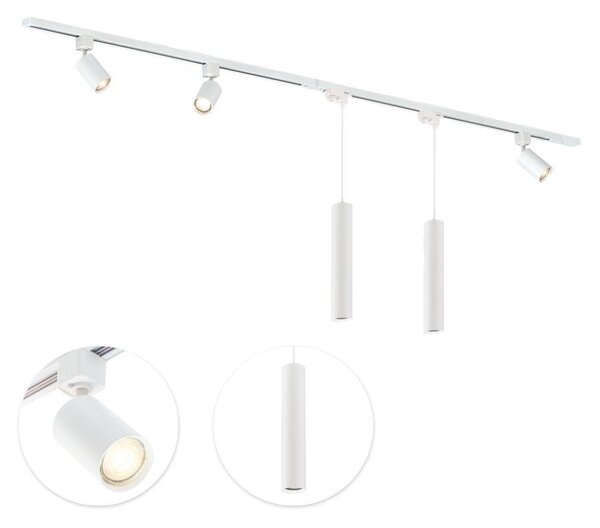 Qub Focus III - Set completo sistema binario LED - Bianco - Monofase - 200 cm - 3 faretti e 2 lampade a sospensione - Forma a I