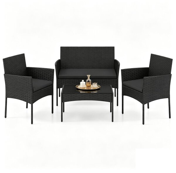 Set da giardino KOMFOTTEU, composto da 4 pezzi: un tavolino in vetro, 2 sedie e una panca. Set di sedute da esterno in rattan con struttura in metallo, dotato di cuscini imbottiti. Ideale per terrazzi, balconi, giardini e piscine